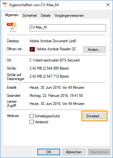 Microsoft EFS verschlüsselte Datei. Explorer -> rechte Maustaste -> Eigenschaften