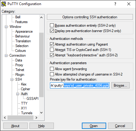 PUTTY Konfiguration der Schlüsseldatei für den ssh Zugriff