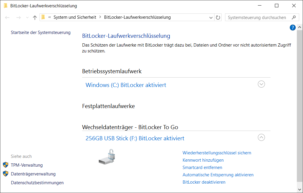 BitLocker To Go Verschlüsselung Einstellungen - Wiederherstellungsschlüssel - Kennwort - Smartcard - automatische Entsperrung - BitLocker deaktivieren