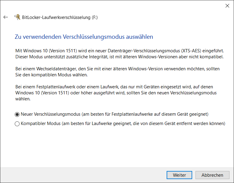 BitLocker To Go Verschlüsselungsmodus AES XTS-AES auswählen