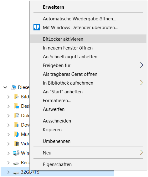 BitLocker To Go mit rechter Maustaste über dem USB-Stick den BitLocker aktivieren