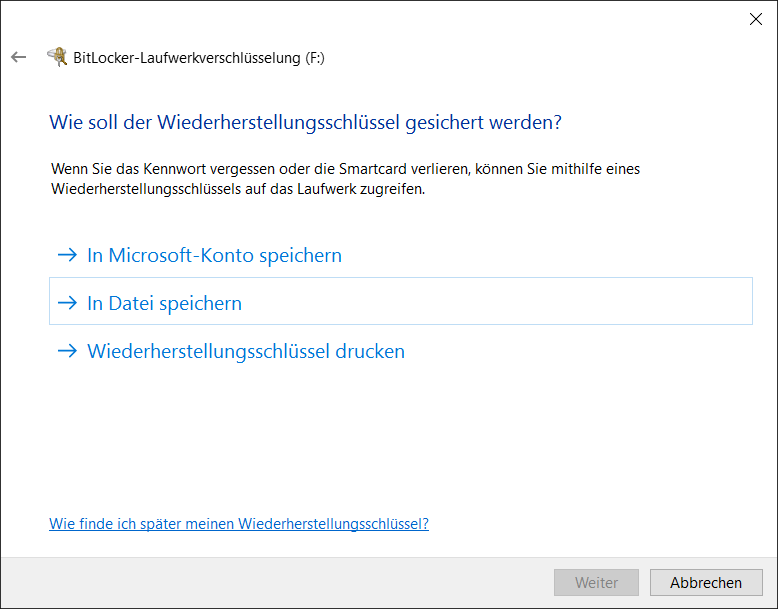 BitLocker to Go Wiederherstellungsschlüssel speichern