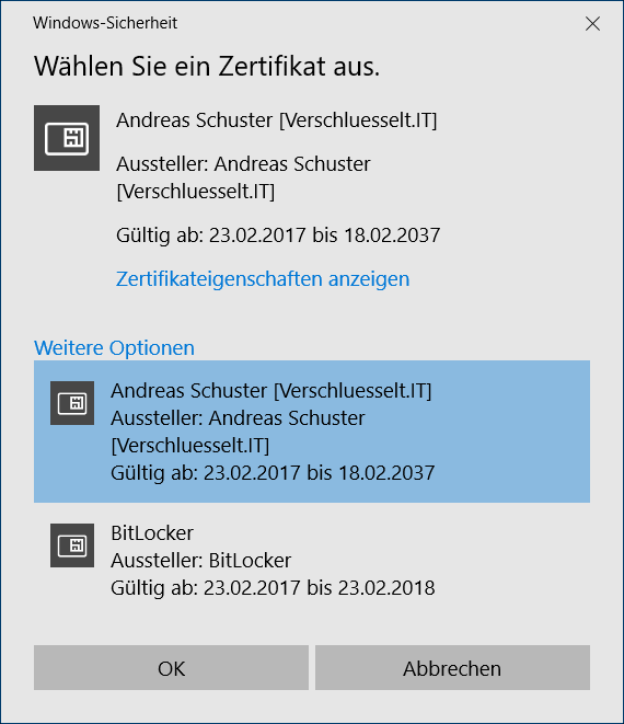 BitLocker To Go Auswahl des Zertifikats für die Verschlüsselung