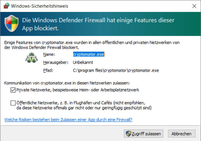 Cryptomator Windows Firewall Sicherheitshinweis